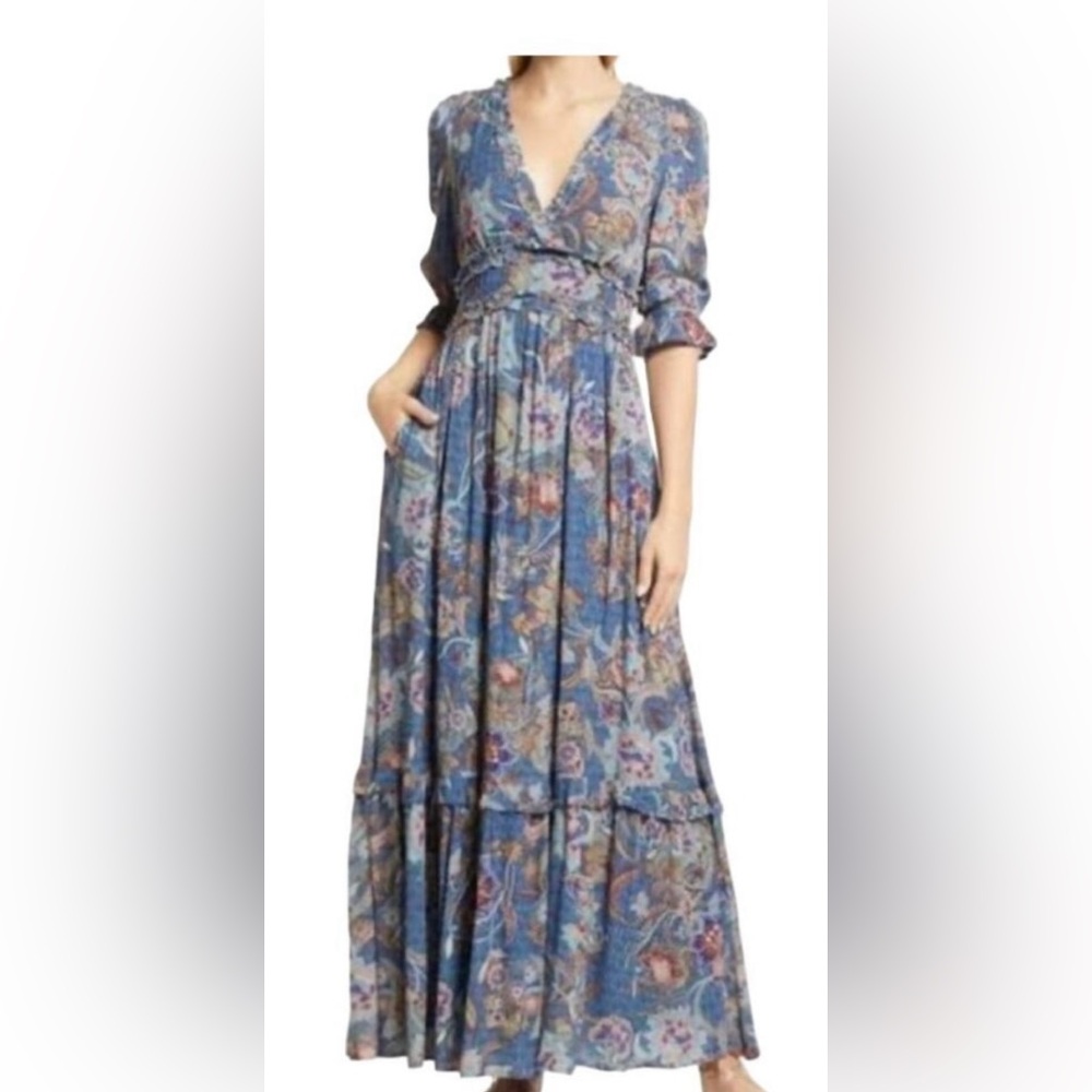 BTFL - life Nordstrom || Boho Luxury Holiday Floral Ruffle Maxi Dress Rust  blue
